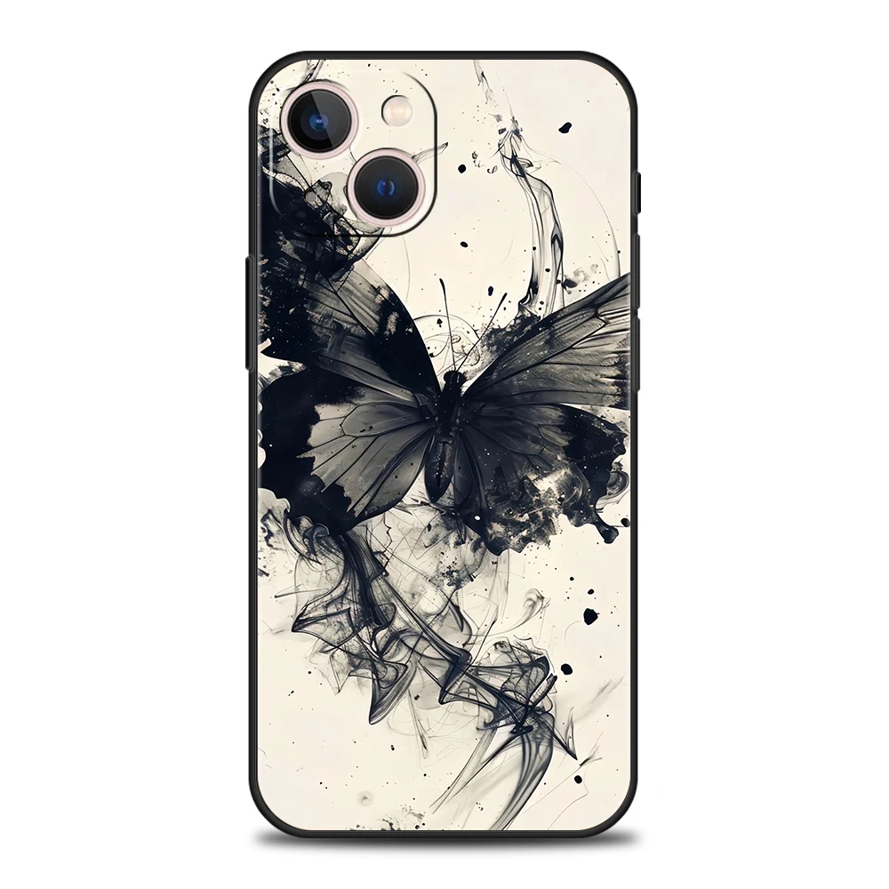 Weiche TPU-Handyhülle für iPhone 16/15/14/13/12/Pro/Max/16E/11/Pro/7/8/Plus/XS/Max, stoßfeste Schale, schwarz-weißes Schmetterlingsmuster – Detail 3