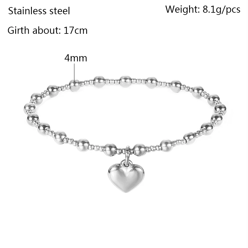 Stainless Steel Jewelry Girl Party Durable Solid Round Beads Smooth Heart-Shaped Elasticity Bracelet