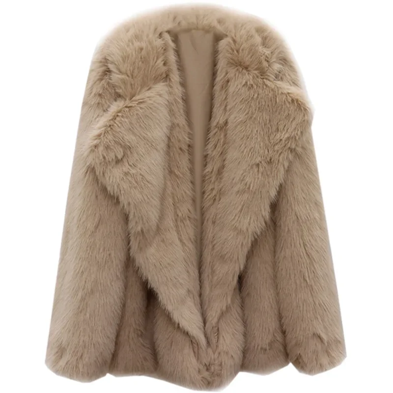 Winter Imitation Fox Fur Coat Mid Length Faux Collar Jackets for Women Thick Warm Casual Lapel Cardigan Outer Wear Basic Style