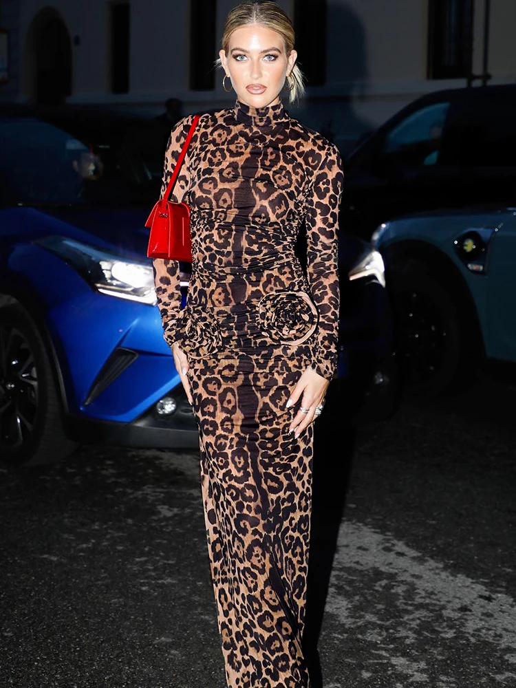 

Bolopi Leopard Long Dress 2023 Women 3D Floral Animal Pattern Slim Elegant Prom Formal Occasion Y2K Outifts Streetwear