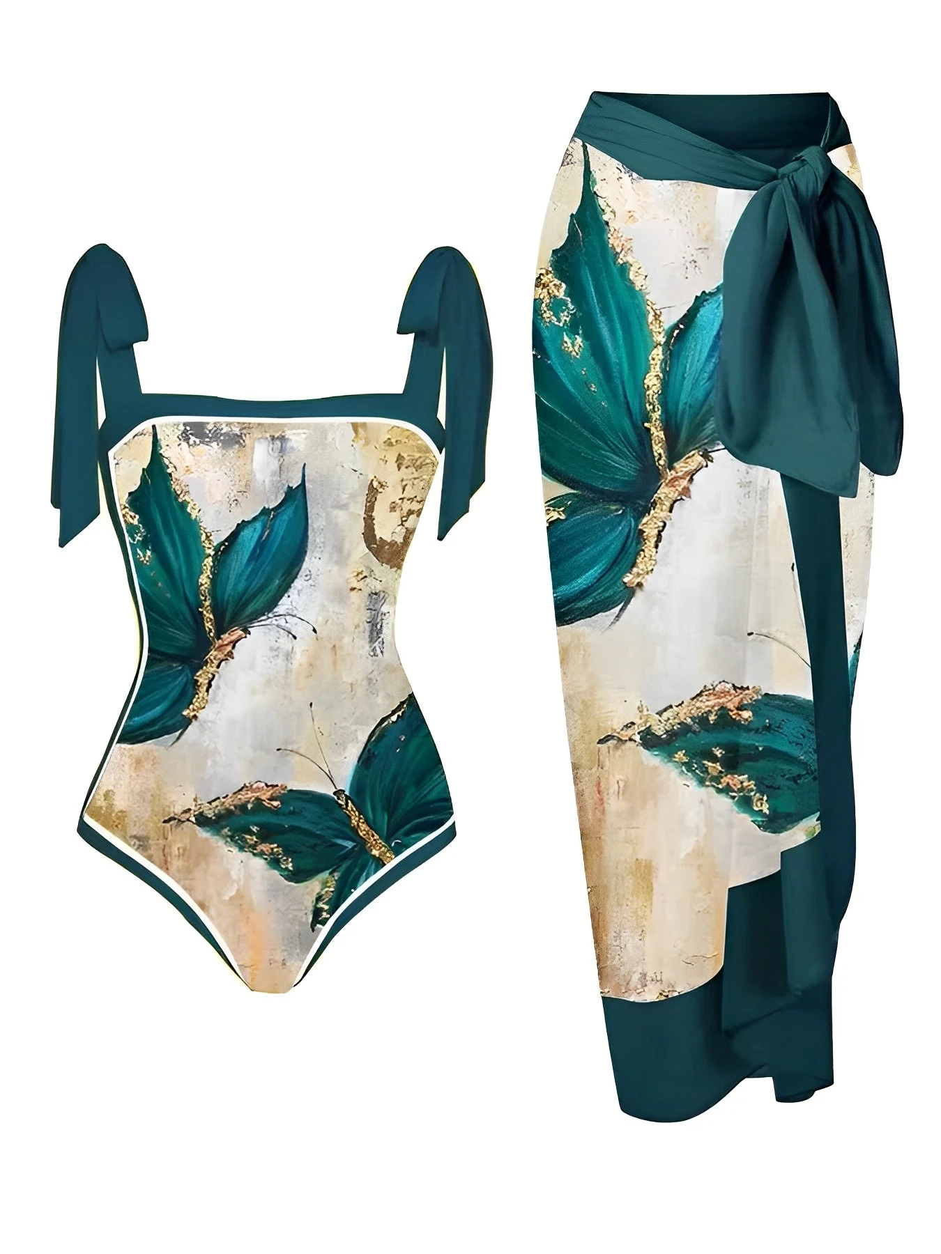 Women Printed One Piece Swimsuit Beach Skirt 2 Pieces Swimwear