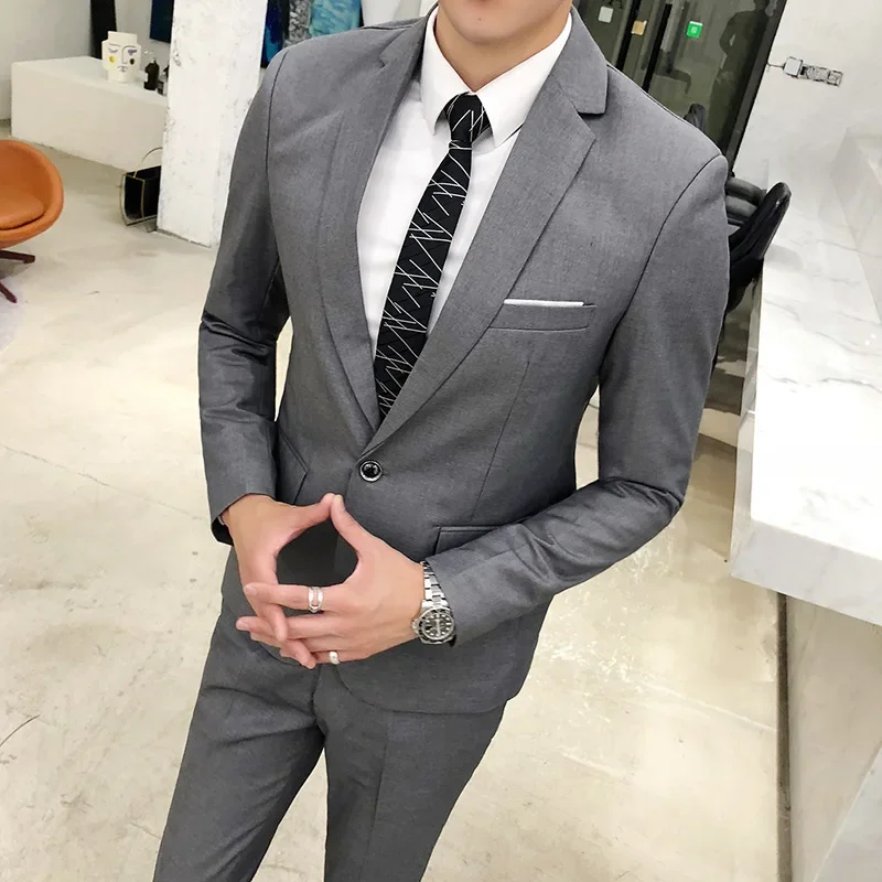 Jacket + Pants Fashion Boutique Solid Color Casual Business Mens Suit Groom Wedding Men Formal Social Suit Blazer 2 Pcs Set