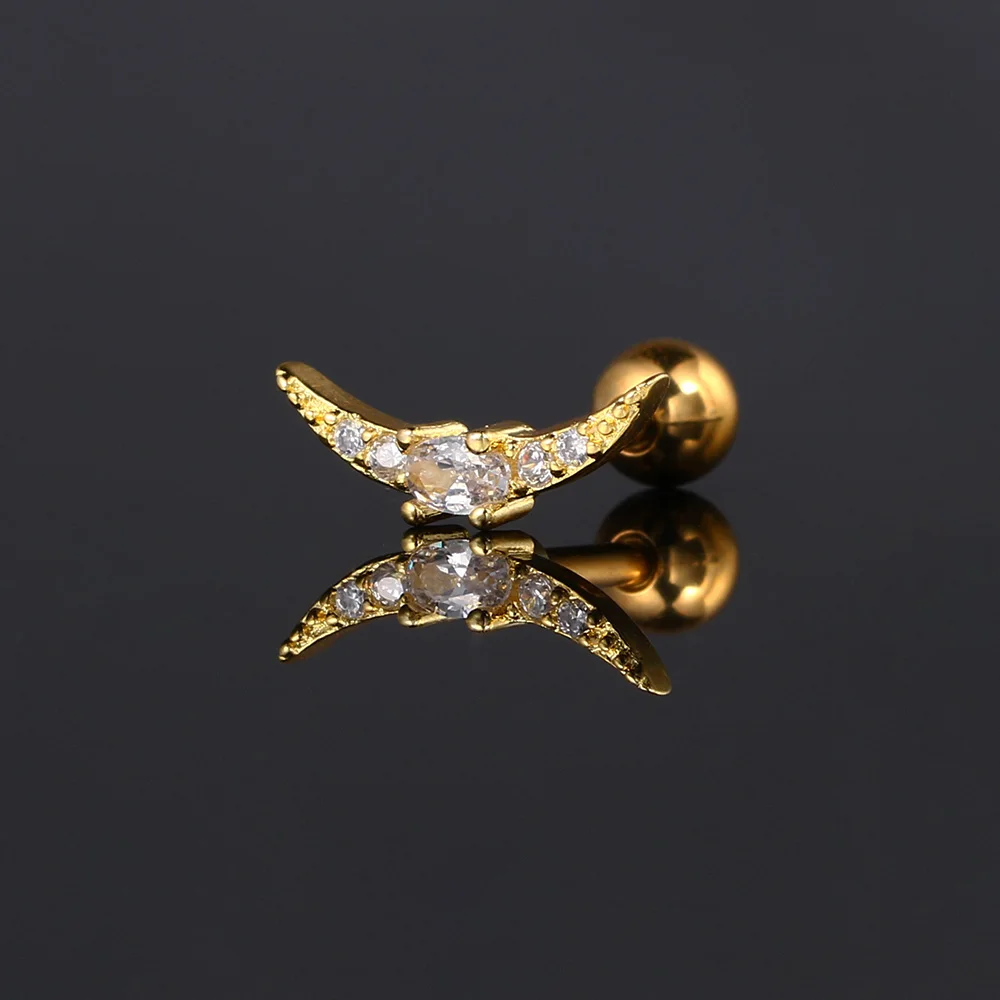 1 Stück Zierlicher CZ-Mond Piercing Y2k Ohrstecker für Frauen, Tragus Helix Daith Ohrschmuck, Edelstahl-Schmuck – Detail 10