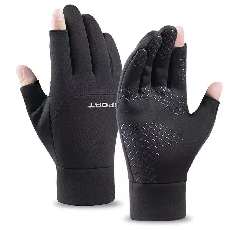 1Pair Fall Winter Second Finger Gloves Padded Warm Fishing Gloves Half Finger Touch Screen Windproof Anti-slip Cycling Sports