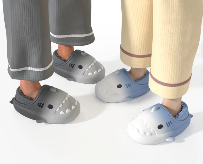 Shevalues Winter-Plüschfutter-Hausschuhe für Männer und Frauen, Farbverlauf, Hai-Baumwoll-Slides, EVA-Hausschuhe mit leichten Sohlen, warme Innen-Baumwoll-Hausschuhe – Detail 9