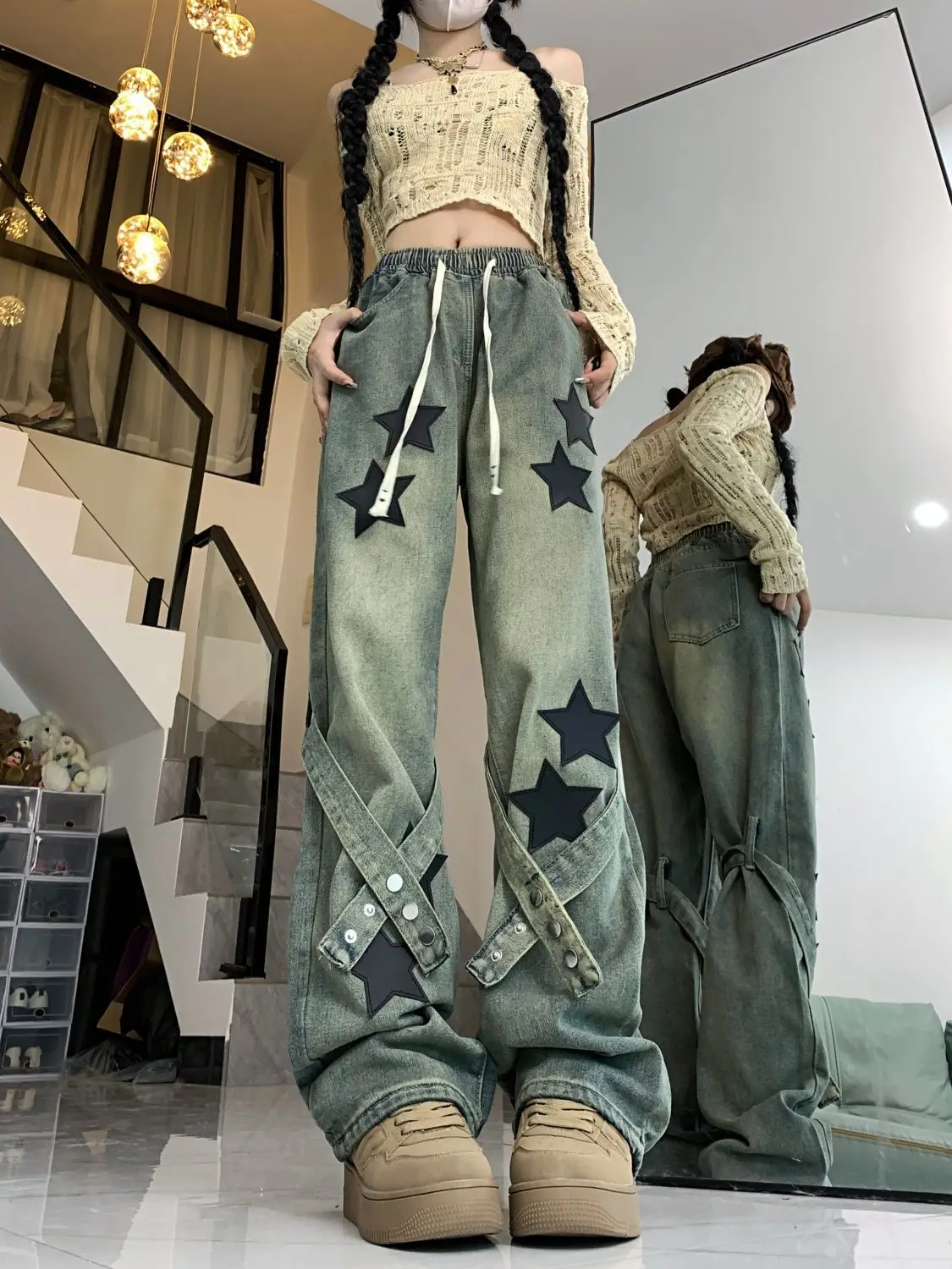 American retro star printed strap design jeans for women, autumn and winter trendy high-waisted loose slimming straight trousers jeans for men trendy patches men s loose wide leg pants mop pants sewing needle elastic jeans