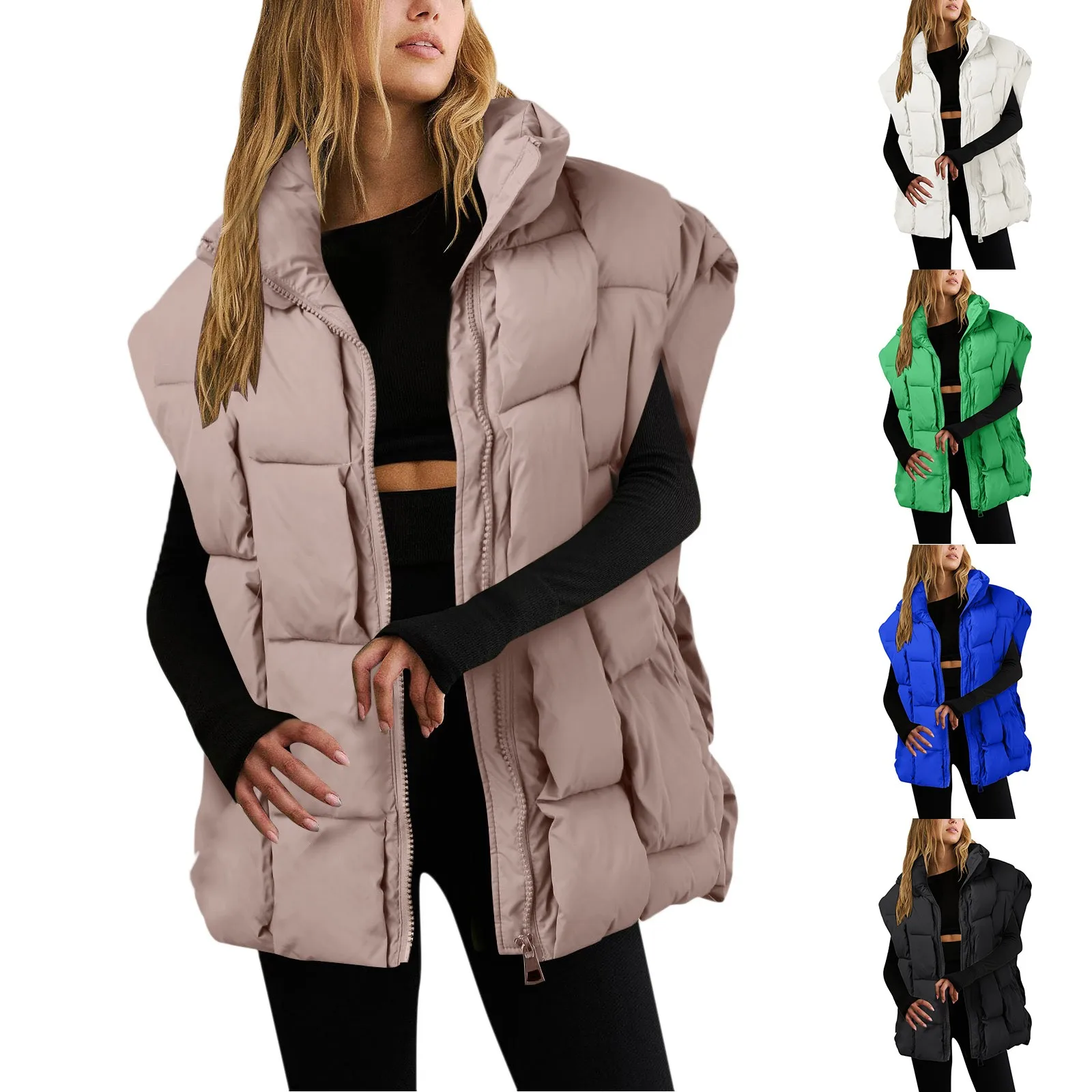 

Cardigan Vest Women's Winter Oversized Puffy Vest Lightweight Stand Collar Flight Sleeves Insulated Padded Puffy Jacket Coat