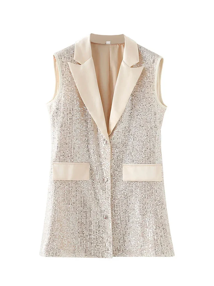 

HH TRAF Women Spring Fashion Sequins V Neck Waistcoat Casual Single Breasted Sleeveless Vest Top Female Vintage Loose Jacket