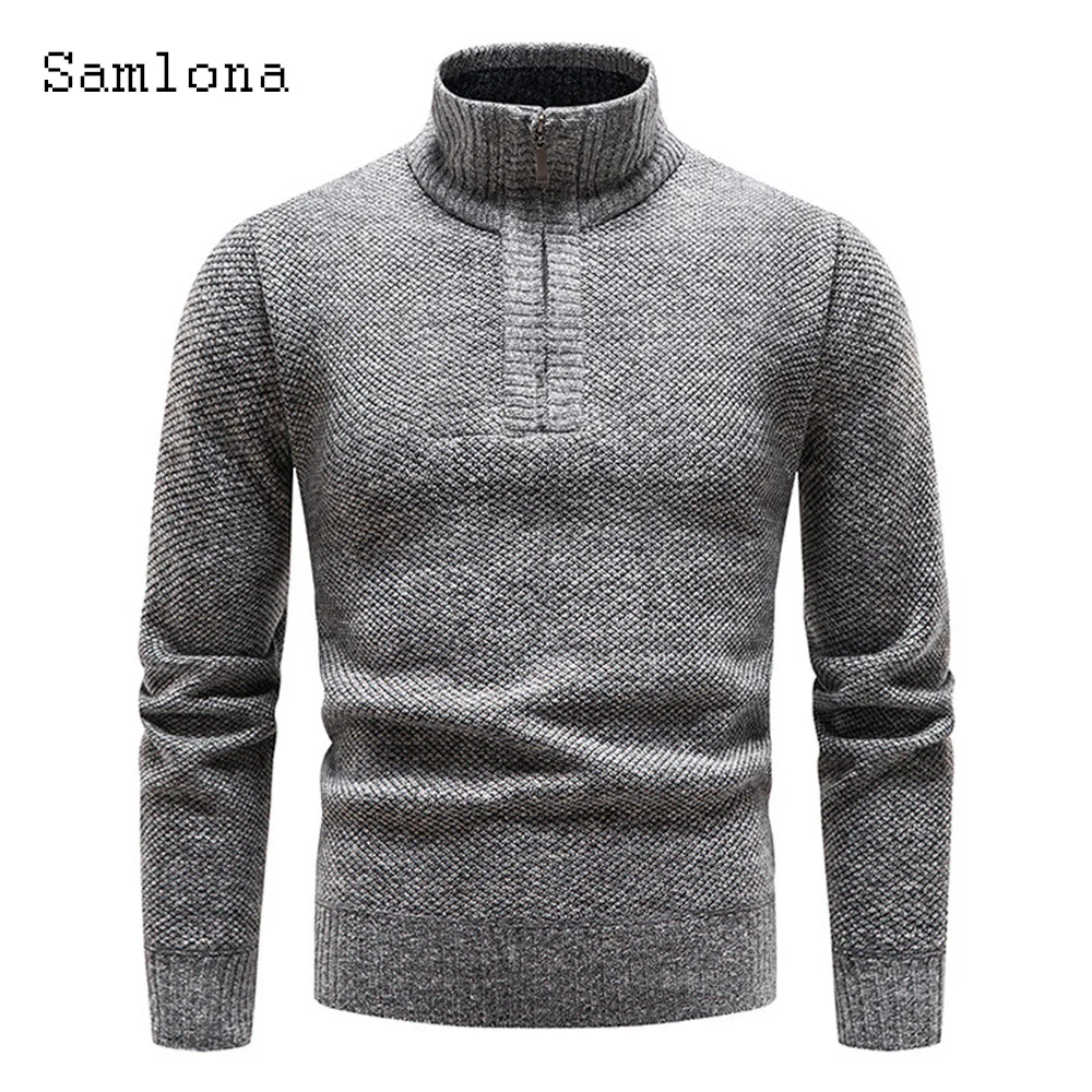 

Men Knitted Sweater Winter Warm Jumpers Mens Streetwear 2023 Mandarin Collar Zipper Up Top Pullovers Male Grey Blue Sweaters
