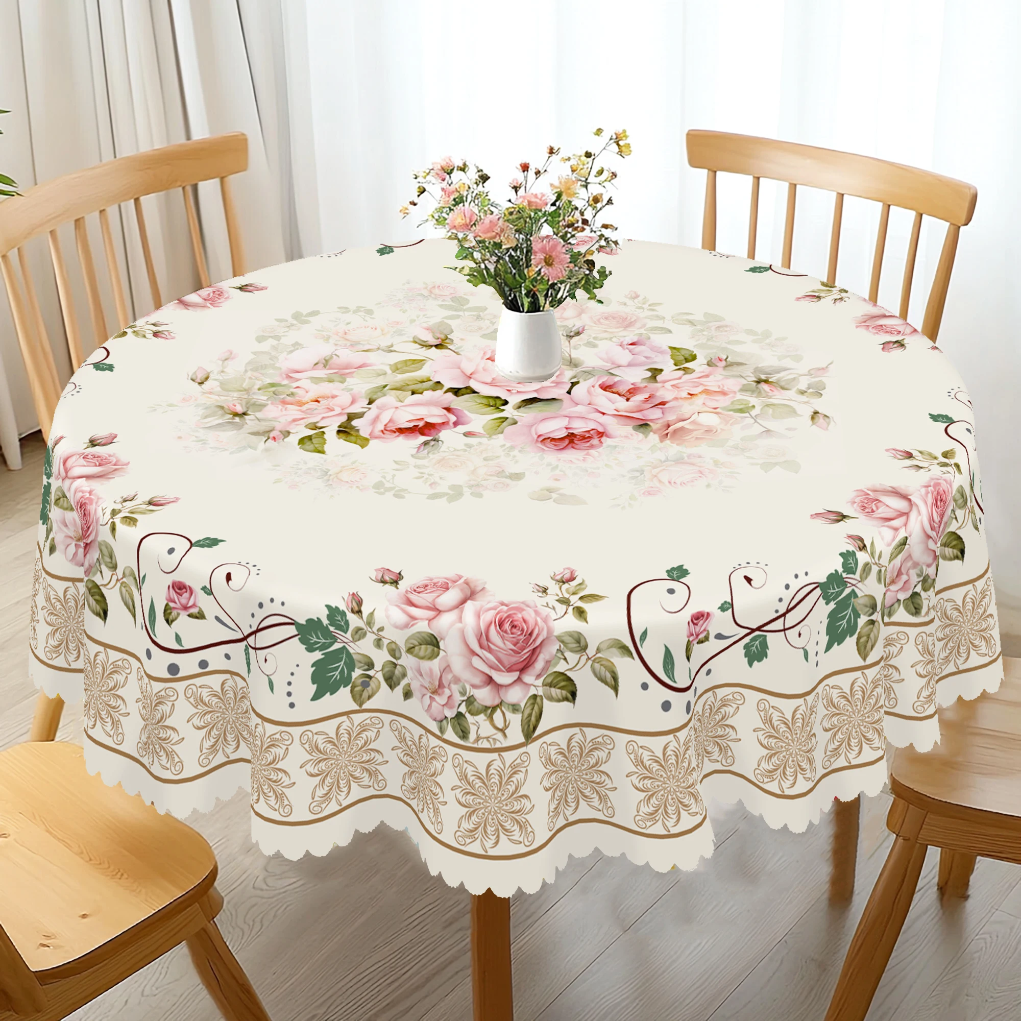 1 Piece Floral Round Tablecloth, 5 Sizes Available, Retro Floral Pattern Printed Tablecloth, Edge Embossing Process, Spring Garden Tablecloth Decoration, Tablecloth for Daily Home Kitchen, Terrace, Easter Decoration, Spring Decoration
