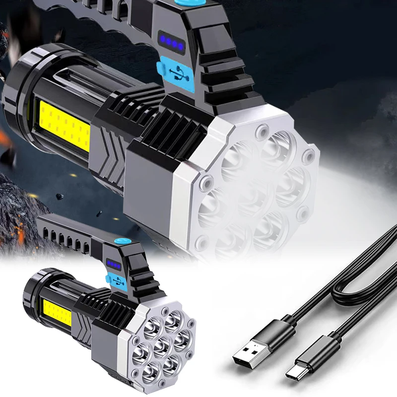 

7LED High Power Flashlights Outdoor Lighting ABS Torch with COB Side Light IPX4 Waterproof USB Rechargeable 400LM Flashlight 1Pc