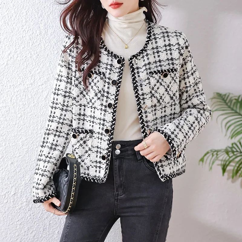 

Graceful Socialite Short Tweed Outerwear High-End Women's Clothing Plaid High Sense Socialite Top Elegant Blazer Korean Coat