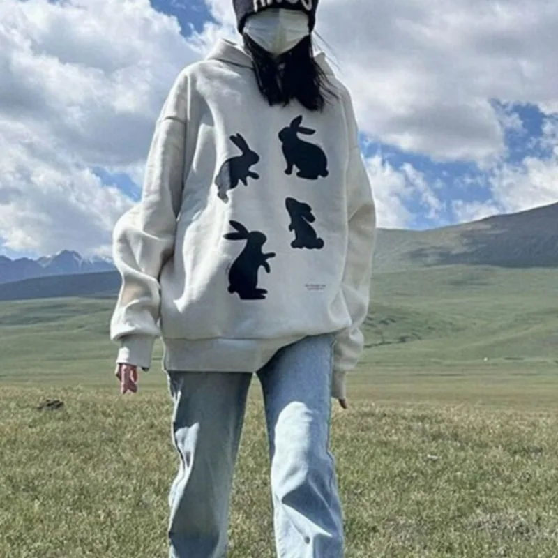 

Hooded Collar Loose Casual Sweatshirts Chic Print Unique Pull Femme Sweaters Y2k Spring Autumn American Style Streetwear Hoody