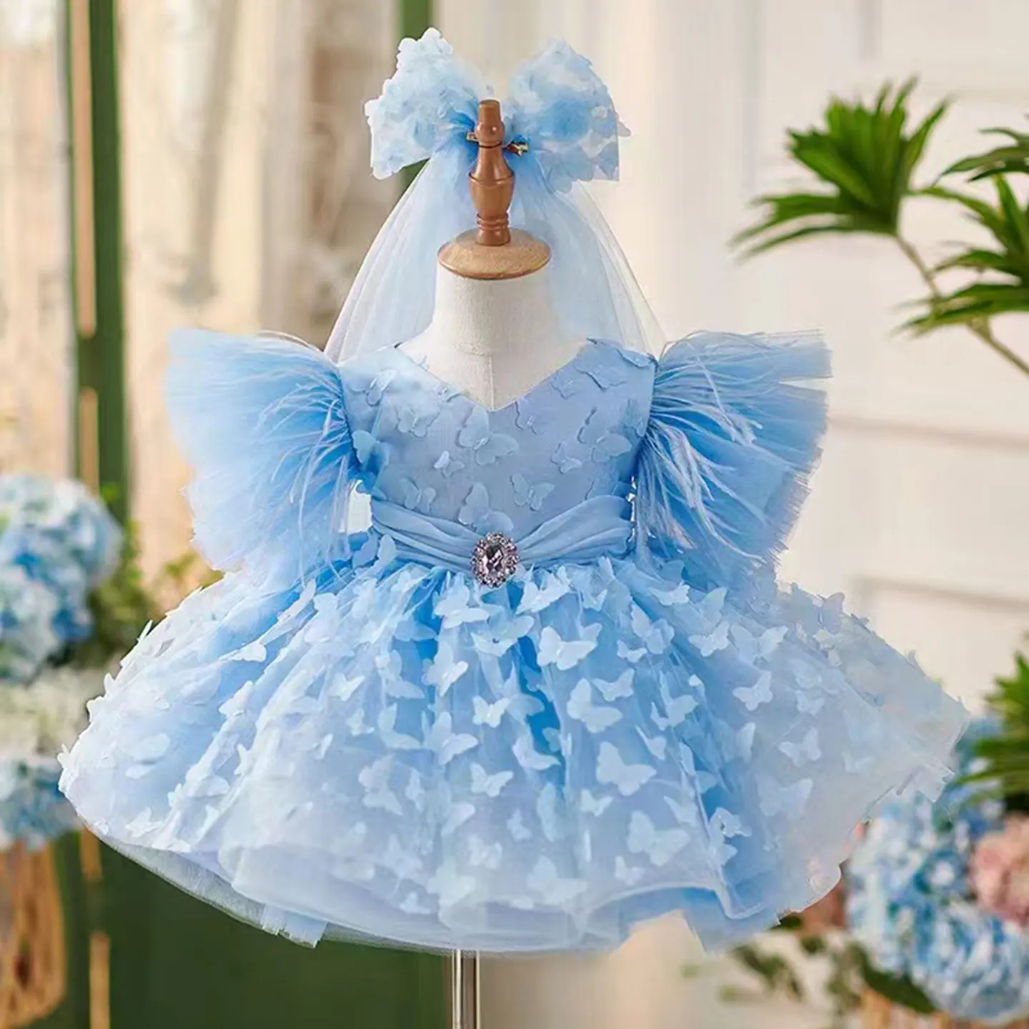 Jill Wish J058 Elegant Blue Flower Girl Dresses with Hairband for Baby Kids Wedding Birthday Communion Party Pageant