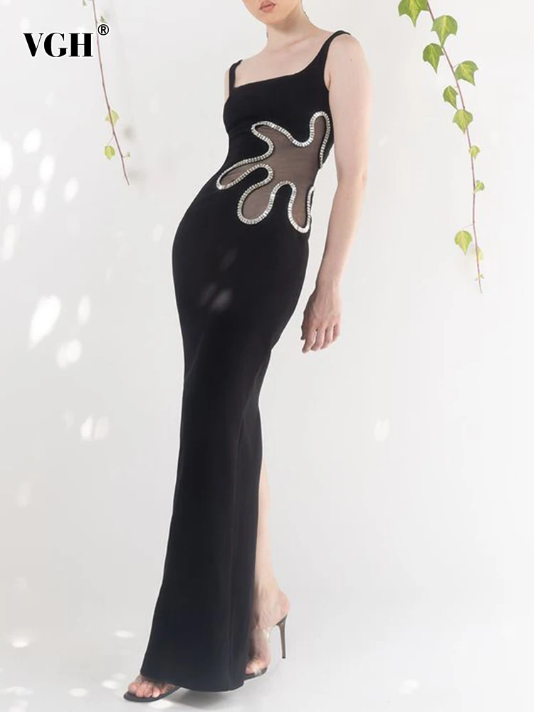 

VGH Patchwork Sheer Mesh Sexy Slimming Dresses For Women Square Collar Sleeveless High Waist Spliced Diamonds Dress Female New