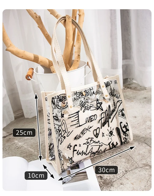 2Pcs sets Clear Graffiti Handbag Linen PVC Transparent Women Fashion  Shoulder Beach Jelly Purse Tote New Trend Brand Clutch Bags