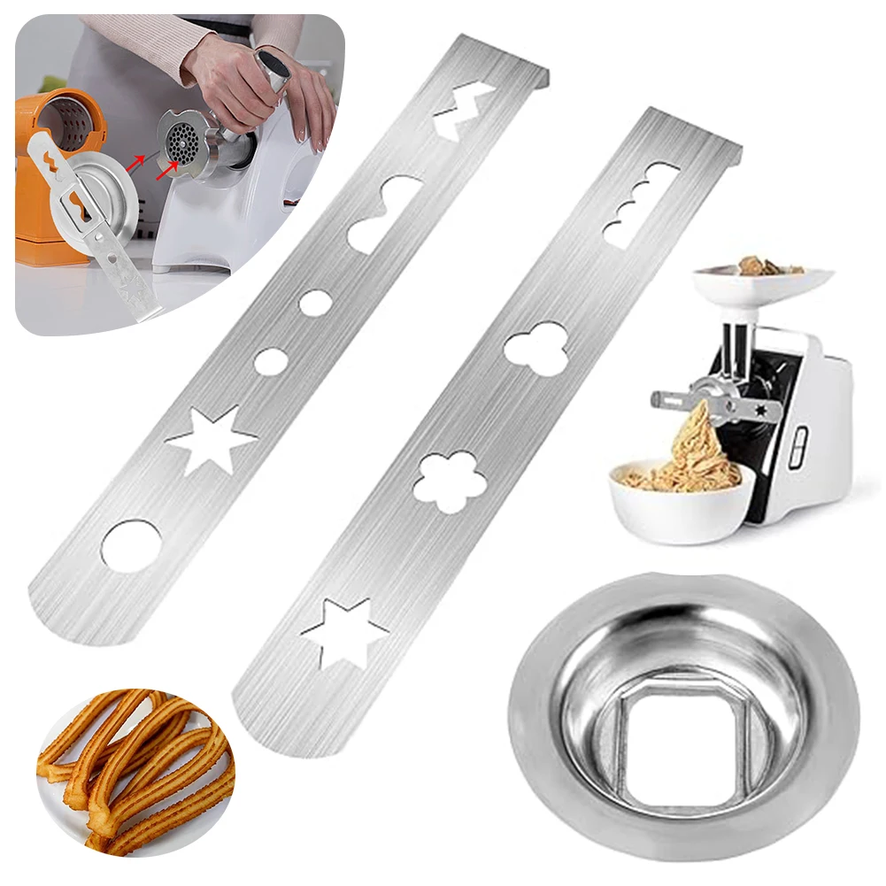 2 Pcs Cookie Press Attachment Stainless Steel with Connection Ring Meat Mincer Attachment Biscuit Mould for Size 5 Meat Grinder