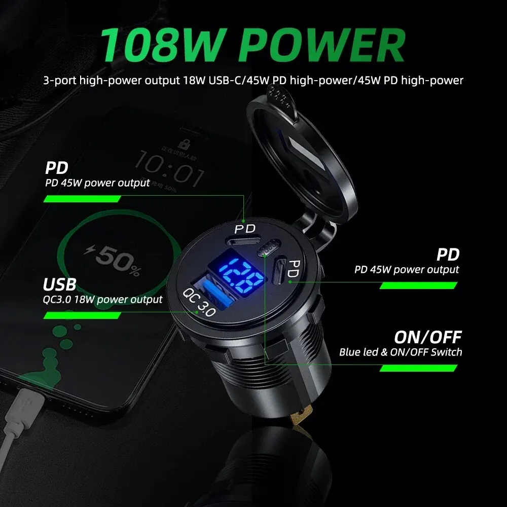       3.0 USB , а  ġ, USB ܼƮ, 108W, 3 Ʈ,  PD, 45W, 12V, 24V