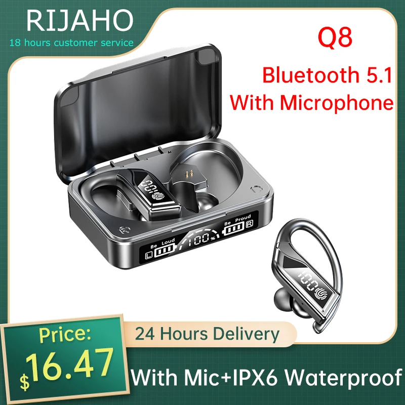 

Q8 Bluetooth Wireless Headset Sport with Microphone IPX6 Waterproof Earhook Bluetooth Headset High Fidelity Stereo Music Headset