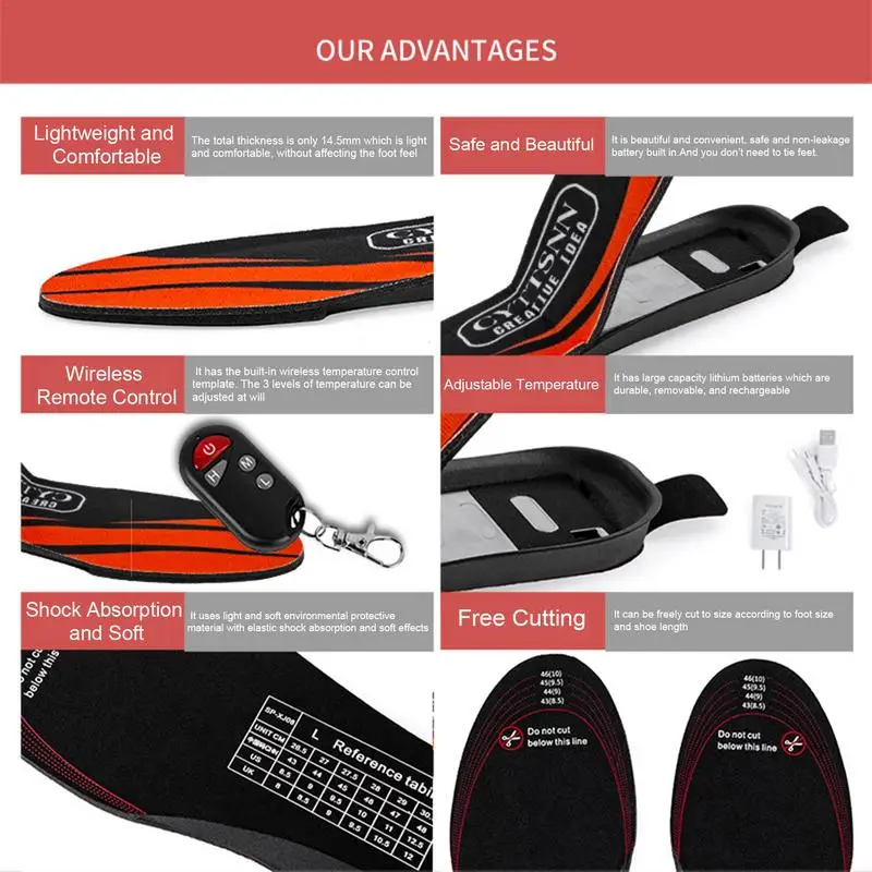 Heated Insoles Rechargeable Remote Controlled Heating Insoles 3-speed Heating Shoes Pads With Remote Control 3900mAh