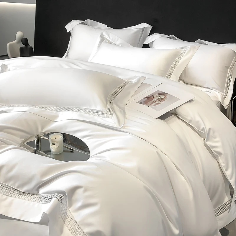 4Pcs Luxury 1000TC Egyptian Cotton White Hotel Style Bedding Set Hollow Wide Edge Duvet Cover Bed Sheet Fitted Sheet Pillowcases 6