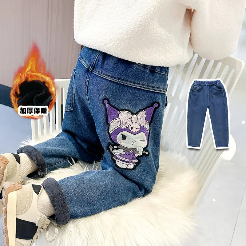 

Sanrio Kuromi Child Jeans Straight Plus Velvet Pattern Thicken Mid-Rise Loose Elasticity Keep Warm Outdoor Comfortable Kawaii 23