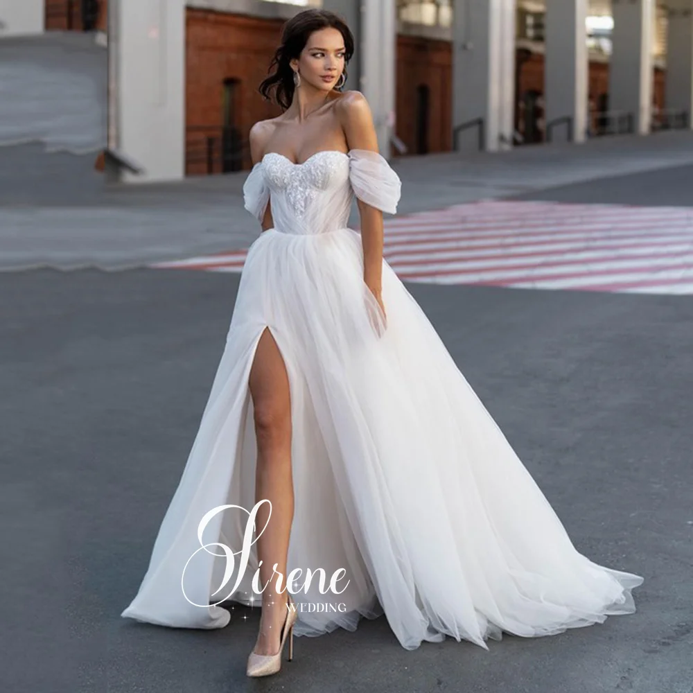 

Sirene Beach Sweetheart Wedding Dress With High Side Split Detachable Sleeves Boho A-Line Bride Gown Backless Tulle Button Train