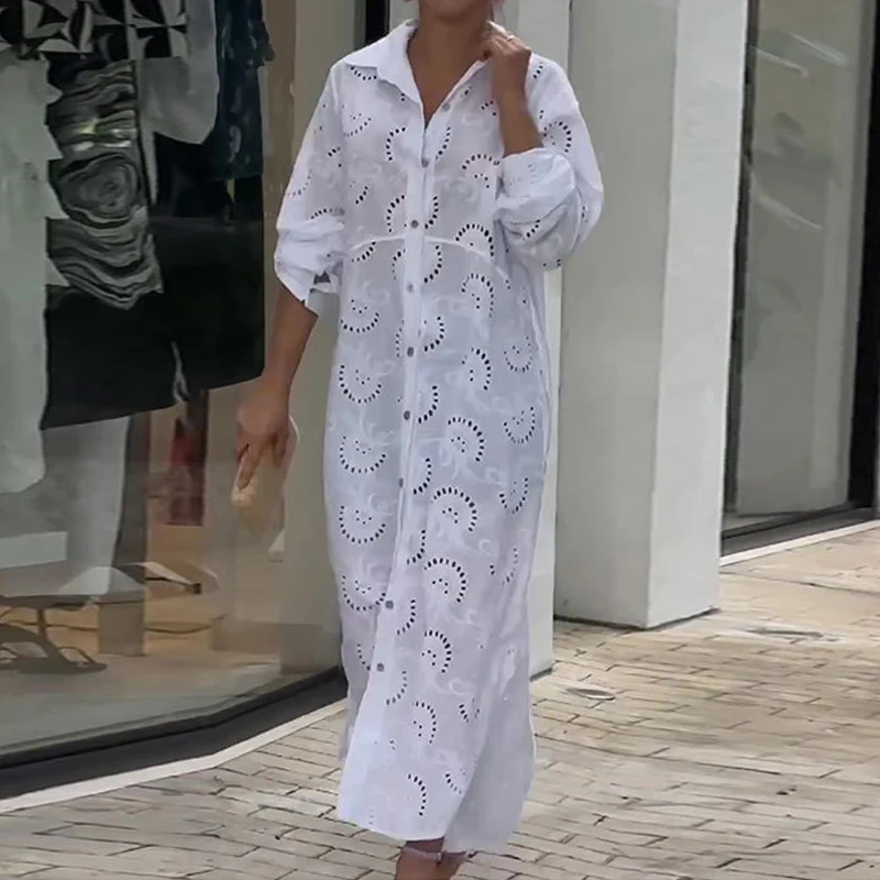 

Spring Casual Solid Hollow Embroidery Lace Dress Women Single-breasted Lapel Long Shirts Dress Autumn Long Sleeve Office Dresses