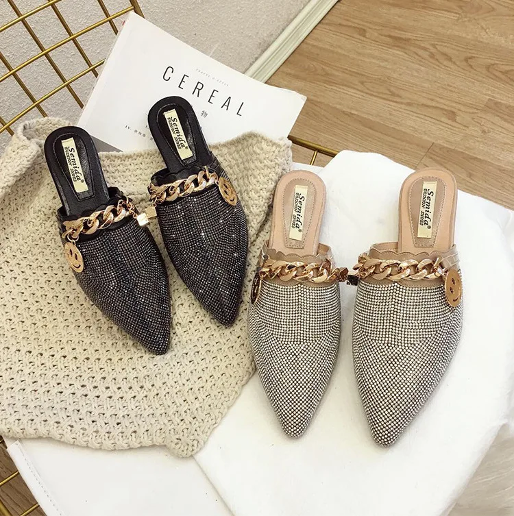 Pointed Toe Slippers Rhinestone Flat Sandals Shiny Metal Chain Women Evening Party Slides Shoes 2023 Summer Lady Half Slippers