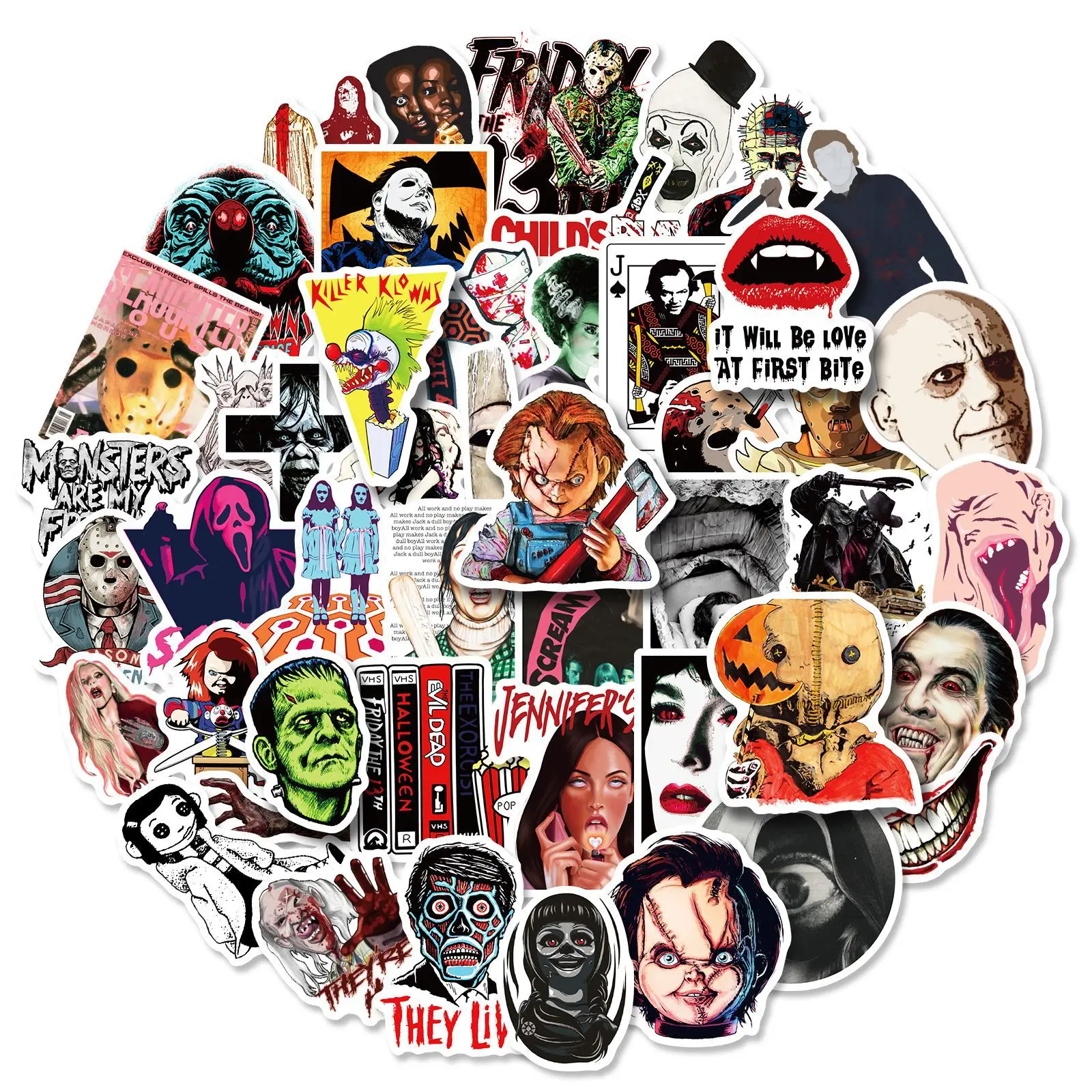 

10/30/50/100PCS Mixed Horror Movie Image Thriller Character Stickers DIY Toy Car Guitar Luggage Suitcase Decals Graffiti Sticker
