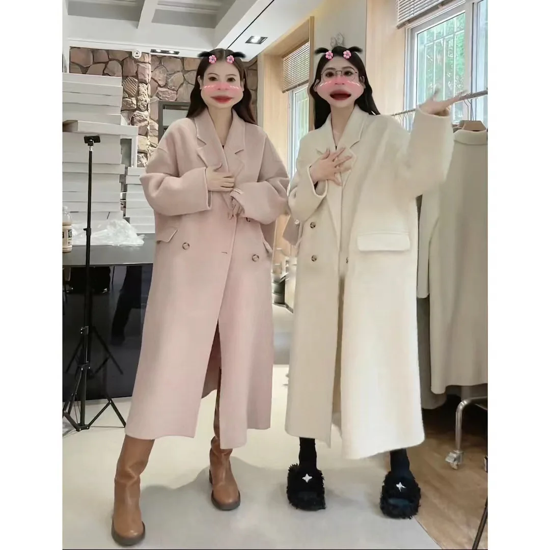 

Женское шерстяное пальто, офисное двубортное пальто с широкой талией и воротником-стойкой, флокированное, модель T338 на зиму, 2023