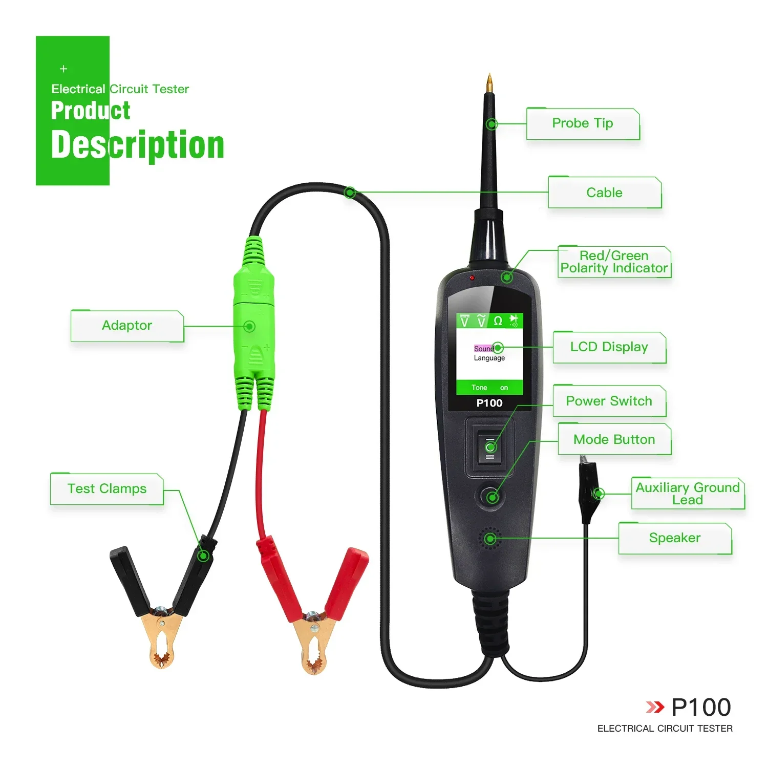 TopDiag P100 자동차 전기 회로 테스터, 자동차 전원 스캔 프로브 회로 키트, 12V 24V 배터리 테스터, 2m, 신제품