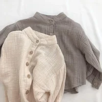 Spring  Autumn New Korean Children's Cotton and Linen Standing Neck Shirt Long Sleeved Loose Cotton Linen Shirt Top Long Sleeved 1