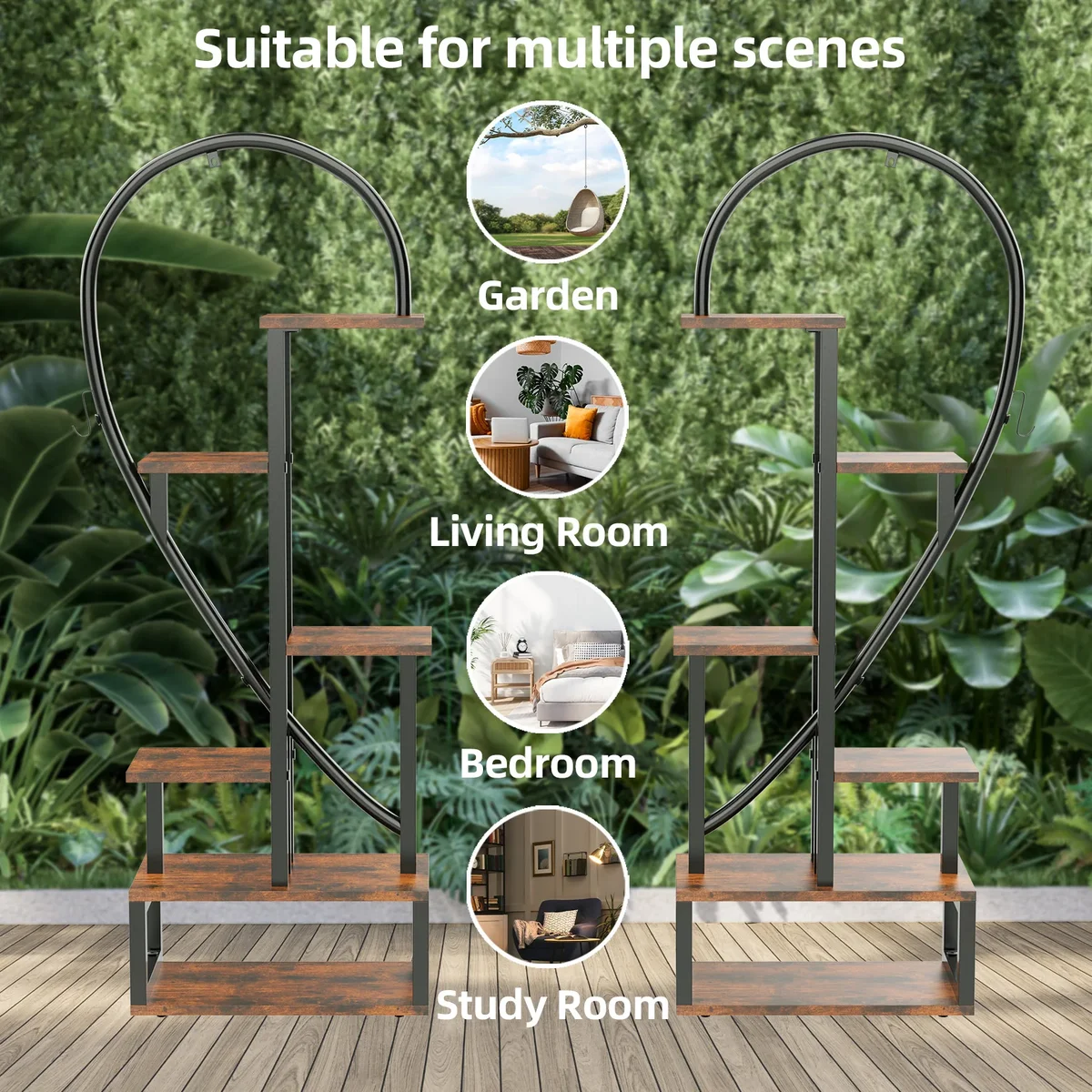 6 Tier Heart Shaped Plant Stand, Wood & Metal Flower Rack for Plants Display, Storage Shelf for Garden, Balcony, Living Room — view 5