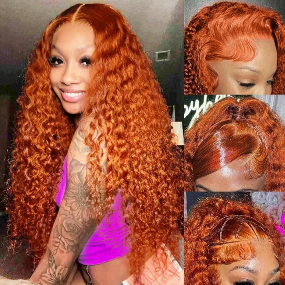 28 Inch Ginger Orange13x4 HD Transparent Lace Frontal Wig for Women 250% Density Curly Lace Front Wigs Human Hair 350#