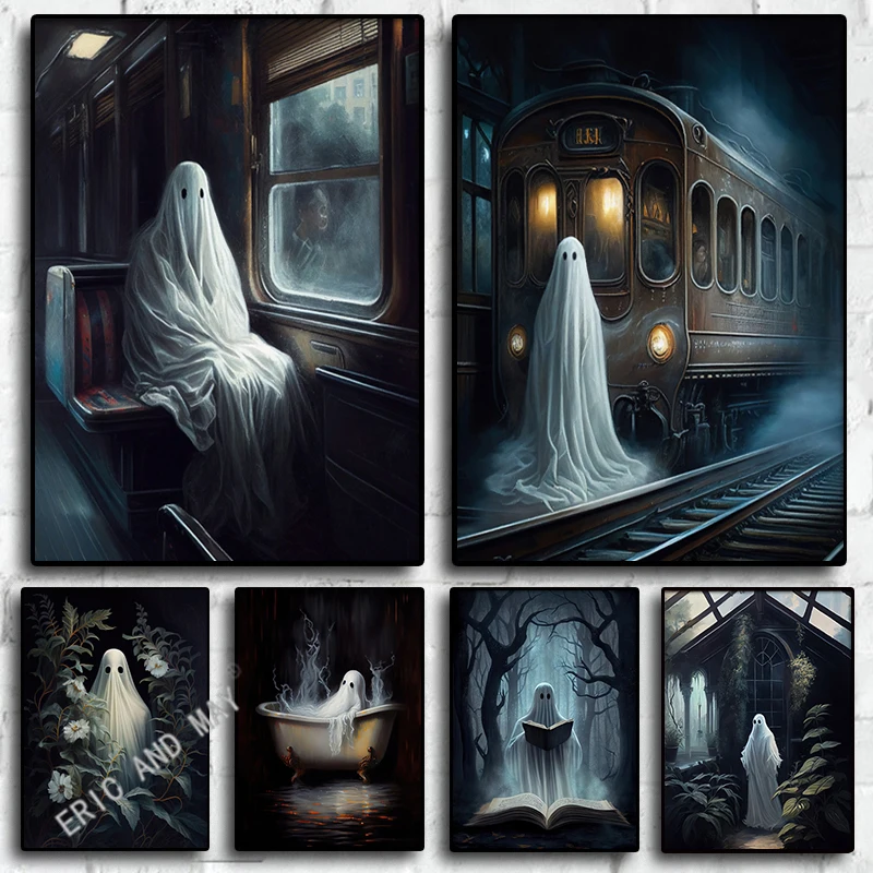 

Halloween Print Ghost Portrait Dark Academia Decor Gothic Floral Painting Art Room Print Spooky Decor Vintage Poster Aesthetics