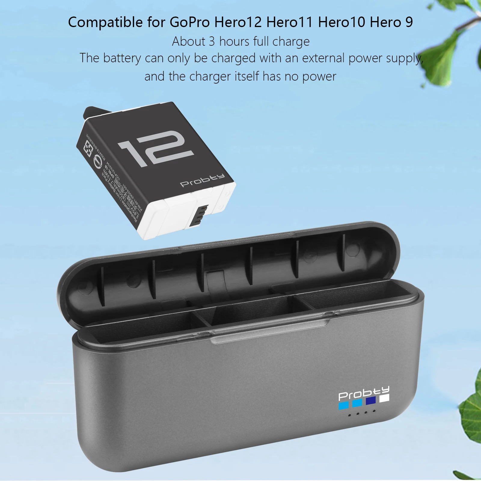 Vue de dessus du chargeur de batterie GoPro Hero 12 11 10 9, trois slots avec batteries.