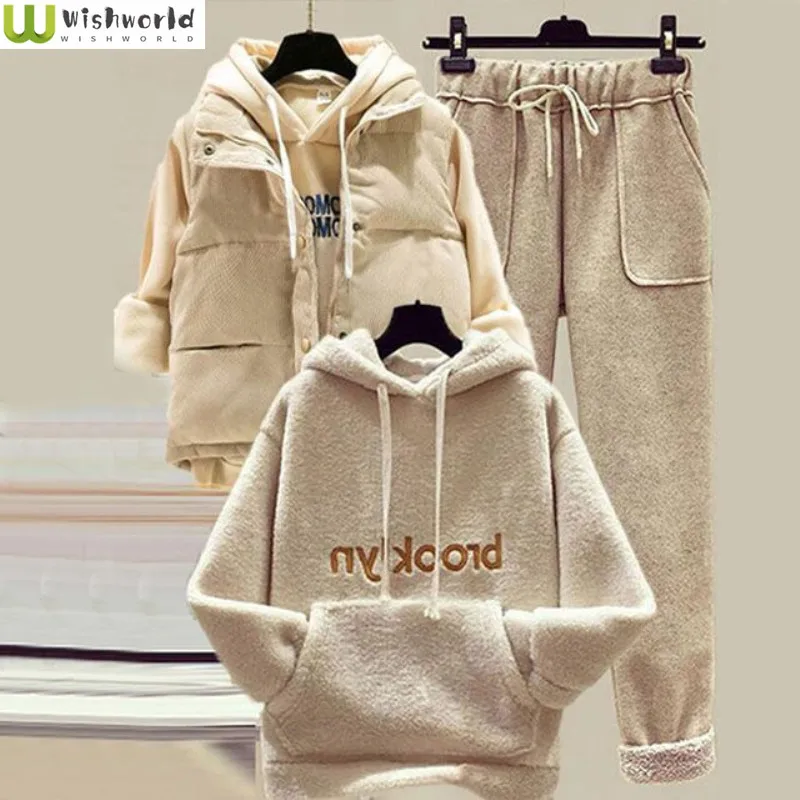 Осень-зима новая Корейская версия Свободный Топ из искусственной овечьей шерсти жилет Повседневные Брюки Модный костюм-тройка