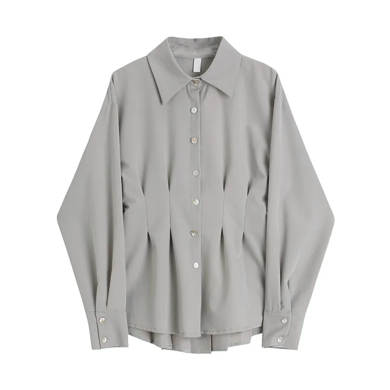 

Женская Офисная рубашка, Элегантная модная блузка с длинным рукавом, однотонные плиссированные приталенные топы с воротником, характерная одежда, 2023