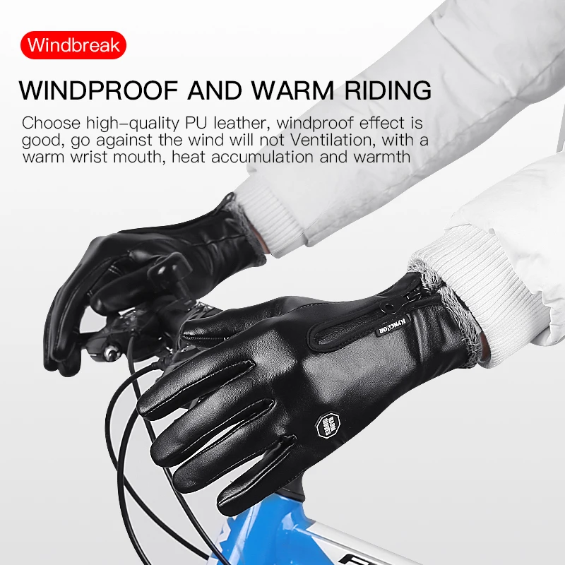 Winter Cycling Gloves PU Warm Windproof Touchscreen Sport Skiing Snowboard Nonslip Zipper Snowmobile Motorbike Gloves Men Black