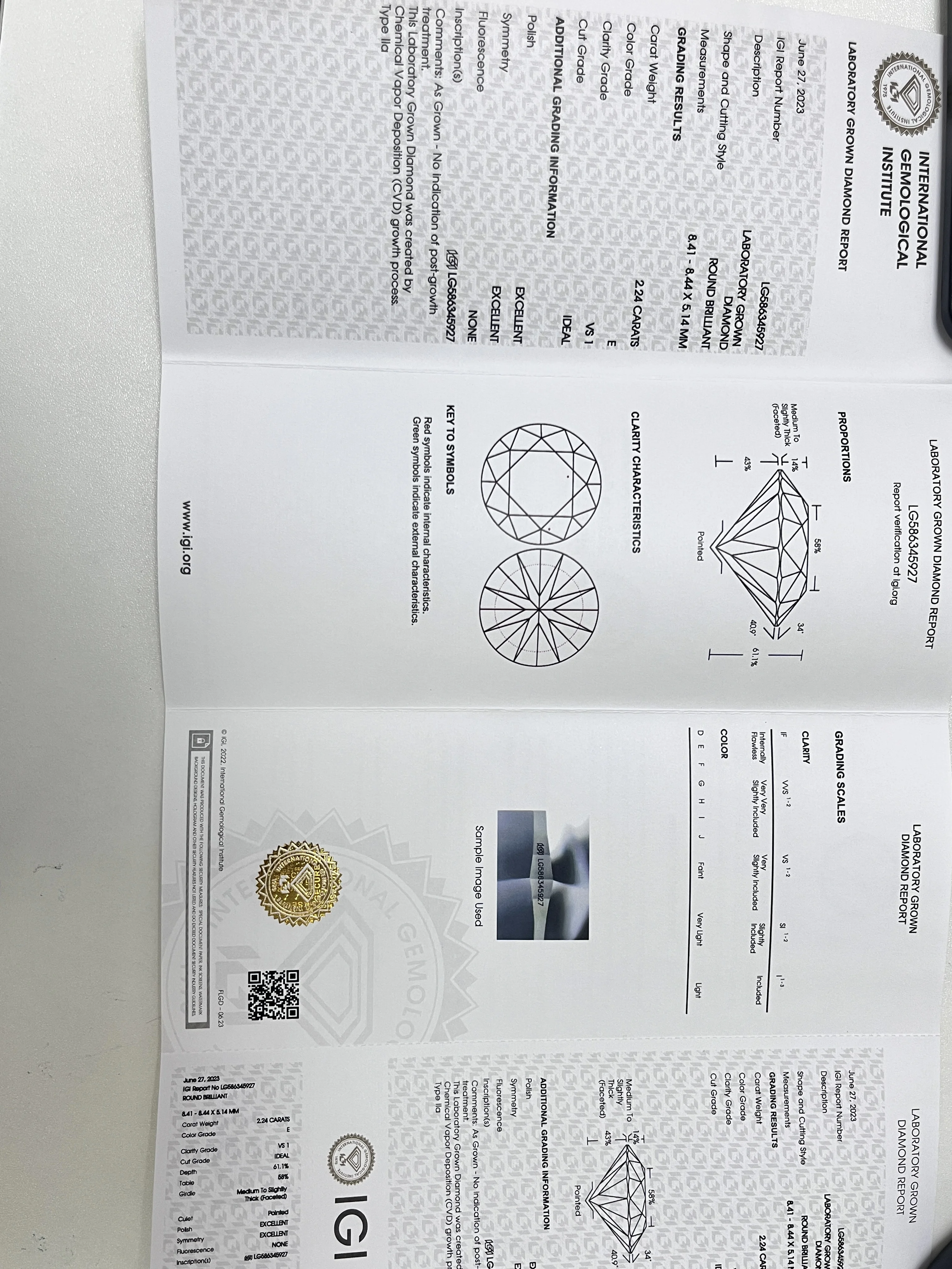 Aeaw 2.24Ct Taglio Brillante Rotondo Cvd Lab Grown Diamond Igi Certified E Color Vs1 Clarity 2Ex