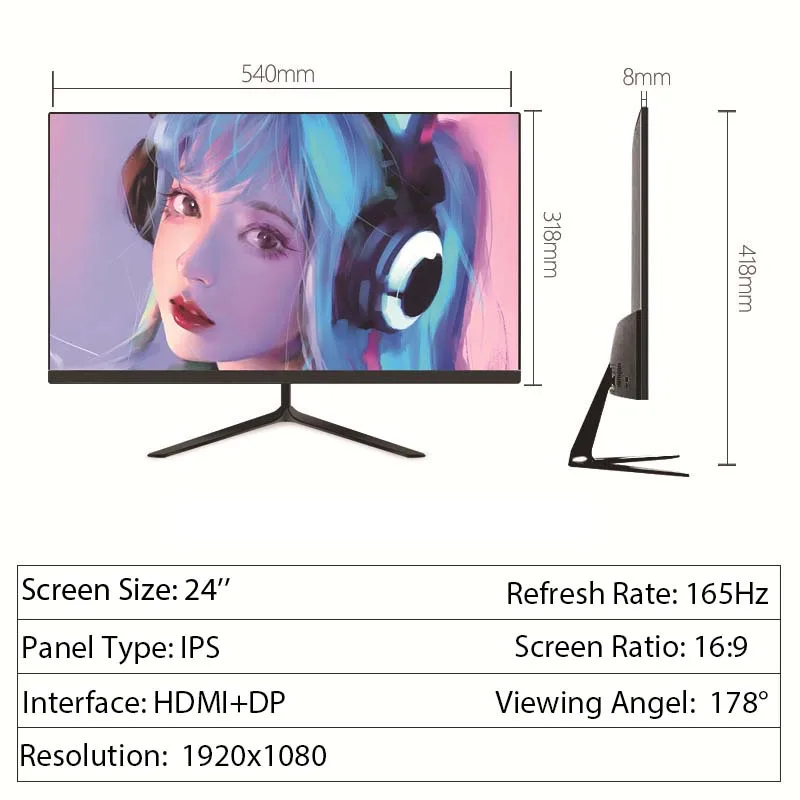 24 인치 PC 모니터 165Hz IPS 1080P 1MS 응답 디스플레이 FHD 데스크탑 게임용 컴퓨터 디스플레이, 평면 패널 화면 DP HDMI 호환