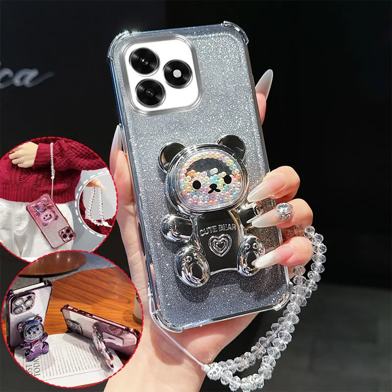 Enhanced Shockproof Phone Case with 3D Bear Stand and Crystal Chain Lanyard