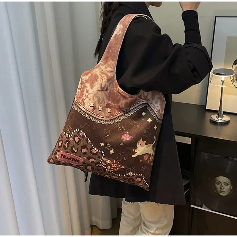 Retro-Einkaufstasche mit Leopardenmuster, kreative Canvas-Tasche mit Welpenmuster, stilvolle lässige Umhängetasche, umweltfreundliche Einkaufstasche, Damen-Handtasche – Detail 8