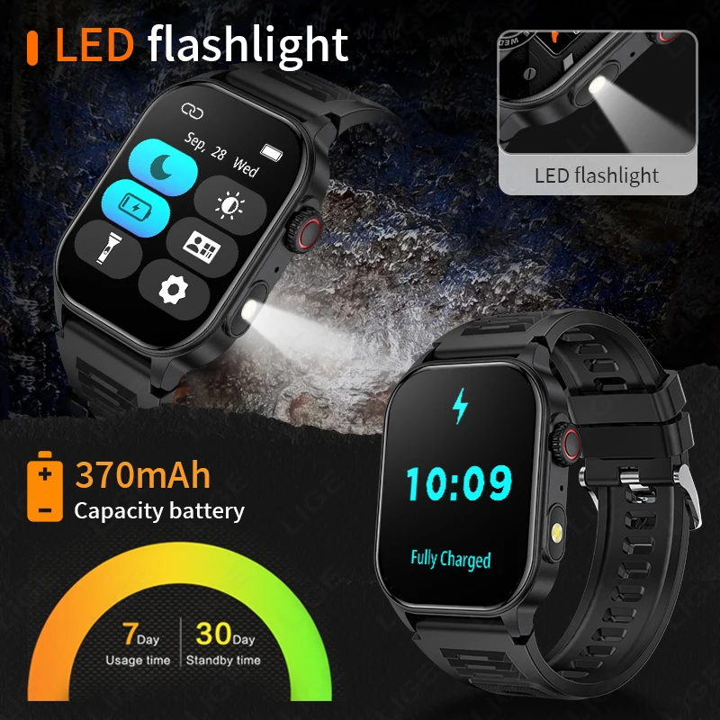 LIGE Outdoor Military 3ATM Waterproof Smart Watch Men 370mAh Battery Heart Rate Sports Fitness Watches Bluetooth Call Smartwatch