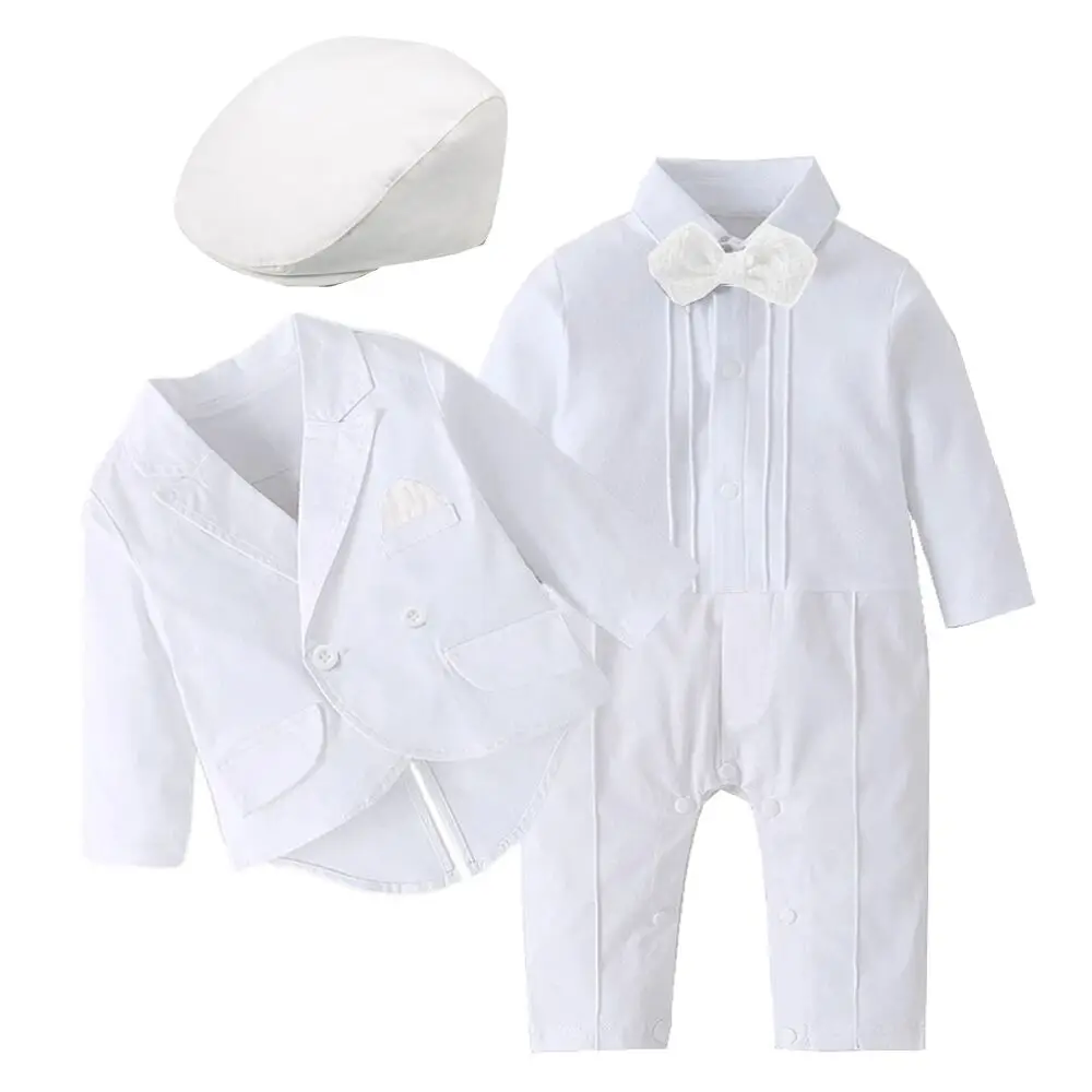 InfantWhiteSolidBaptismHatSuitBabyBoysFormalAnniversaryClothesRomperwithBowCoat