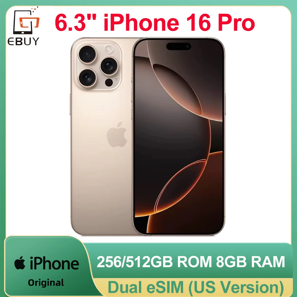 6.3" Apple iPhone 16 Pro Dual eSIM Cell Phone A18Pro 256/512GB Retina XDR OLED Face ID 5G Smartphone Unlocked