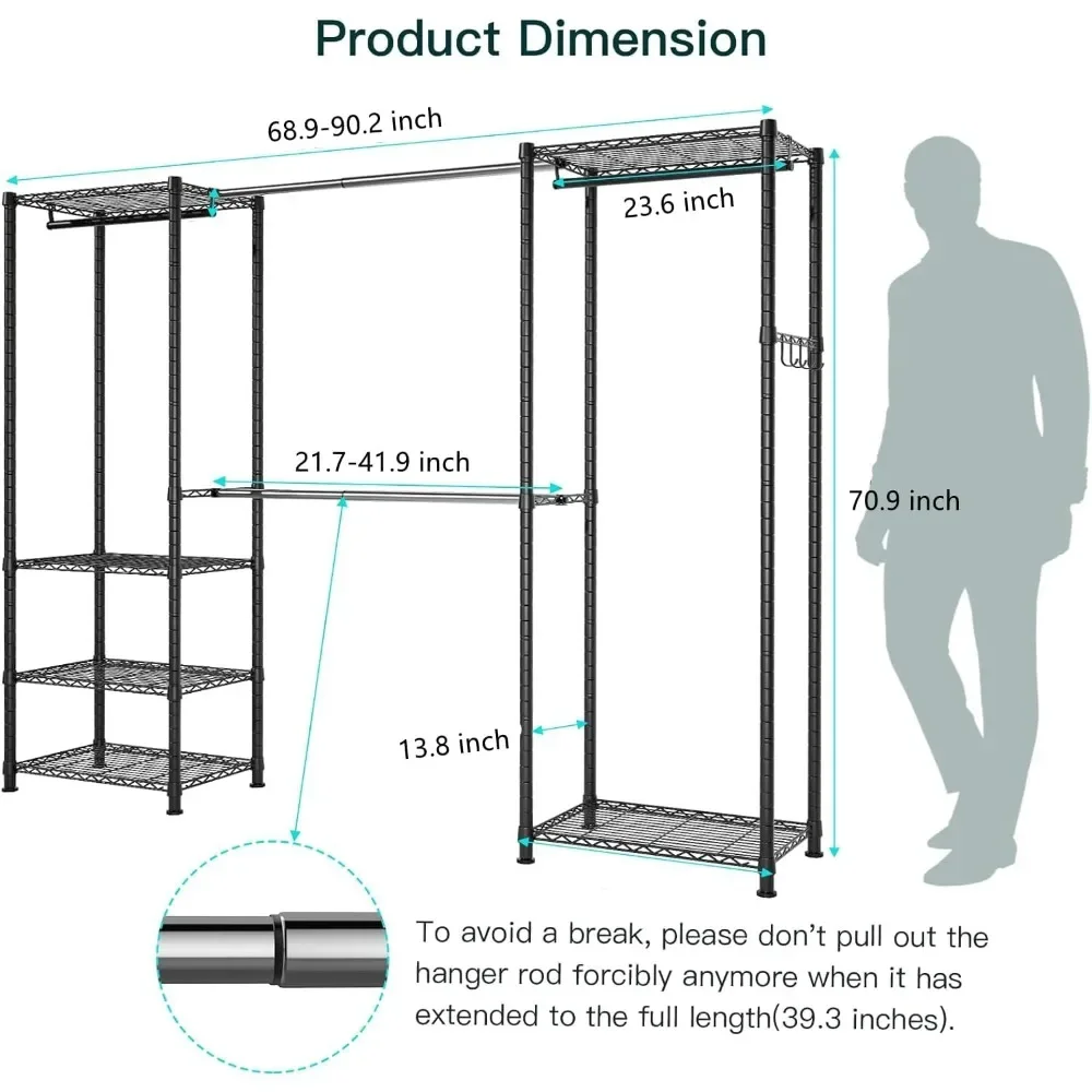 New2025-Adjustable Heavy Duty Wardrobe Closet Organizer - Expandable Metal Clothing Rack with 4 Hanging Rods, 6 Shelves, and 4 H