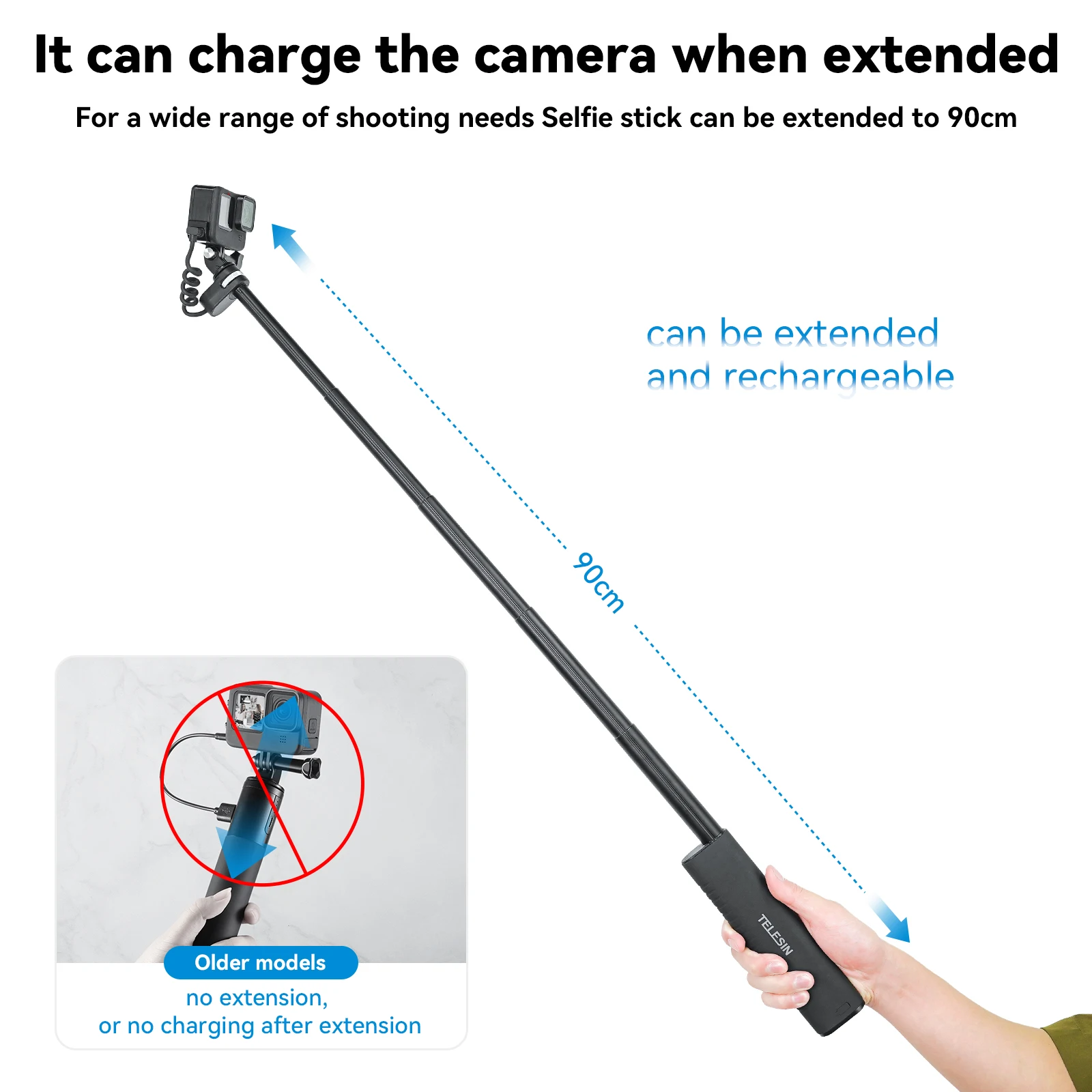 TELESIN TE-CSS-001 Selfie Stick QC/PD3.0 fast charging Power Selfie Stick 90CM Telescoping Pole with 1/4 Inch Screw selfie stick