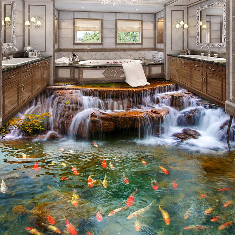 Chinese Style Waterfall Carp 3D Floor Tiles Wallpaper Sticker Bathroom Kitchen Living Room PVC Waterproof Murals Papel De Parede